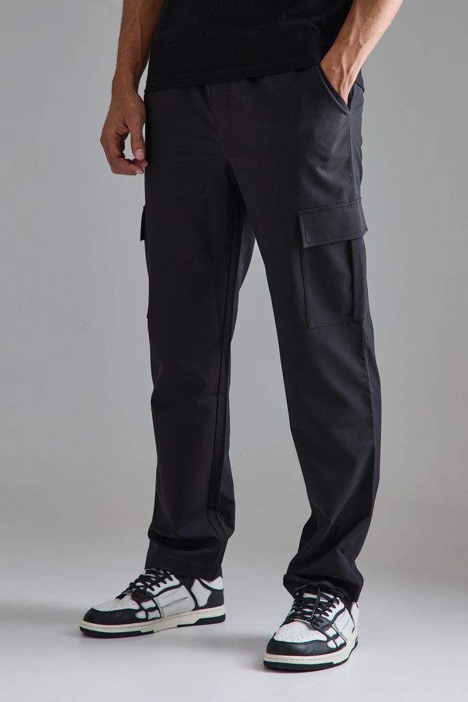 Men's Elasticated Waist Straight Leg Cargo Smart Trousers - Black - 28, Black