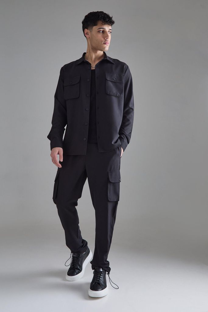 Men's Lightweight Stretch Utility Shirt And Trouser Set - Black - S, Black