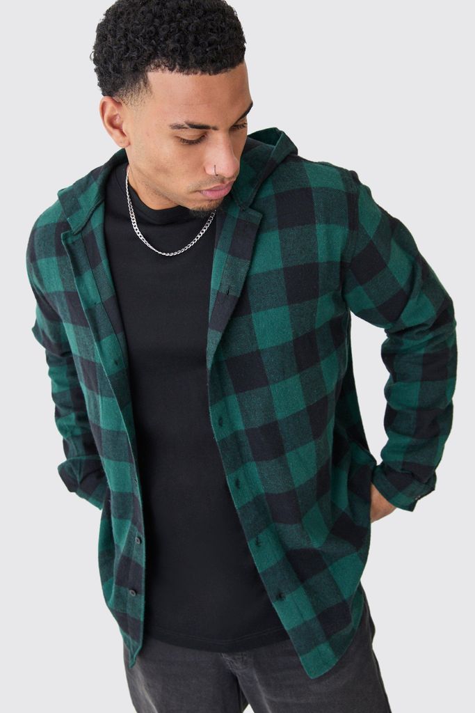 Men's Long Sleeve Oversized Hooded Button Through Check Shirt - Green - S, Green