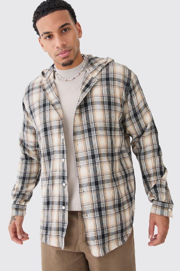 Men's Long Sleeve Oversized Hooded Button Through Check Shirt - Multi - S, Multi