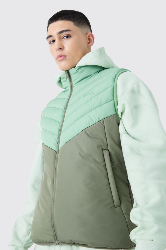 Men's Man Colour Block Quilted Funnel Neck Gilet - Green - S, Green