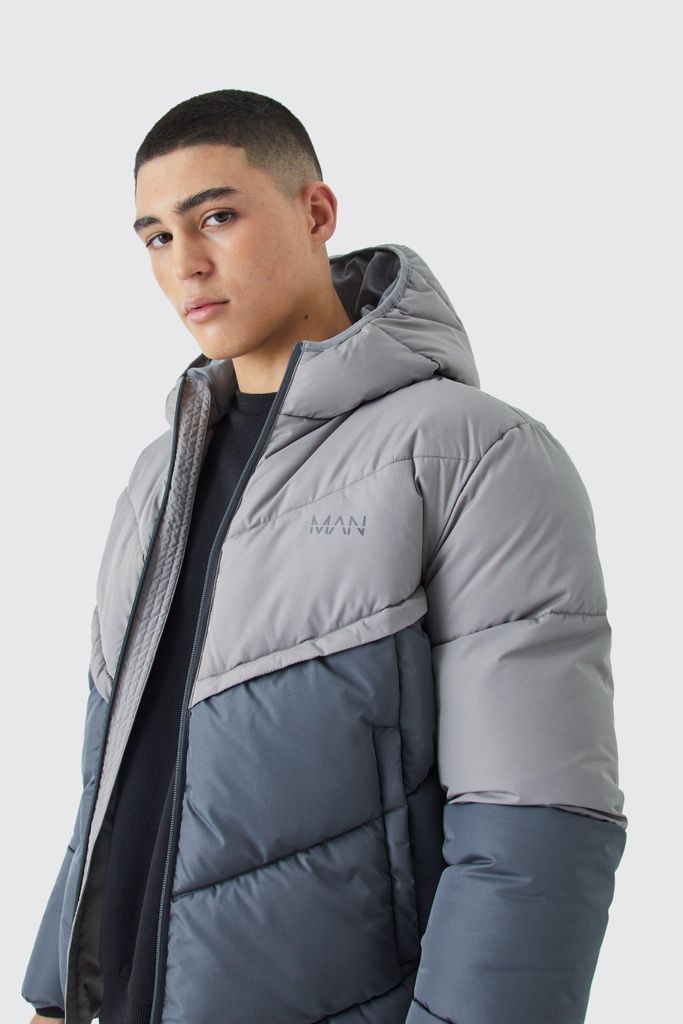 Men's Man Colour Block Quilted Puffer With Hood - Grey - S, Grey