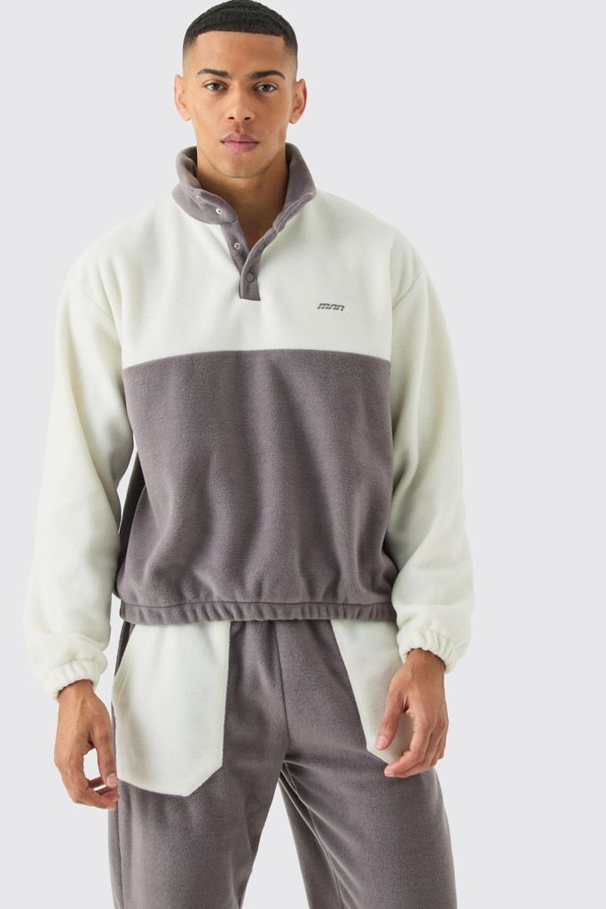Men's Man Oversized Popper Neck Colour Block Fleece Tracksuit - Grey - S, Grey