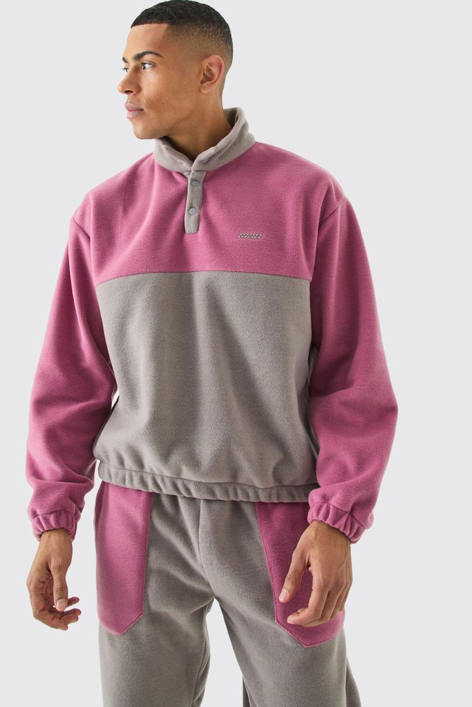 Men's Man Oversized Popper Neck Colour Block Fleece Tracksuit - Pink - S, Pink