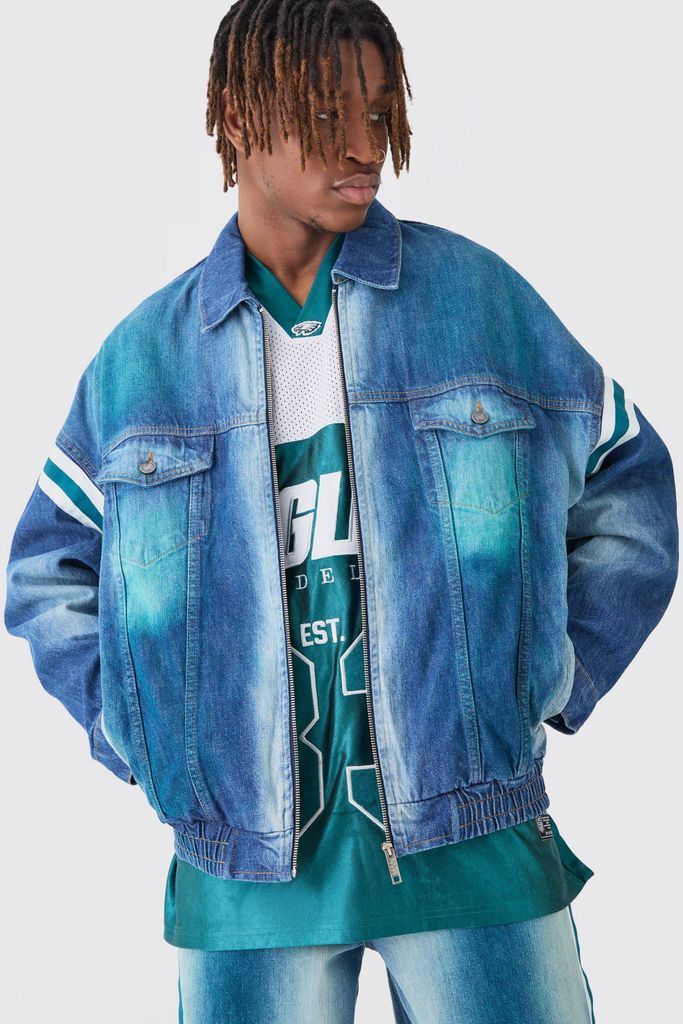 Men's Nfl Eagles Oversized Zip Applique Tinted Denim Jacket - Blue - S, Blue
