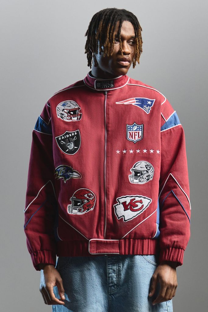 Men's Nfl Oversized Moto Pu Jacket With Applique Badges - Red - S, Red
