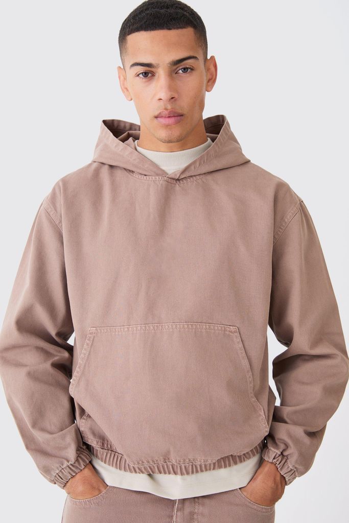 Men's Overdyed Denim Boxy Fit Hoodie - Brown - S, Brown