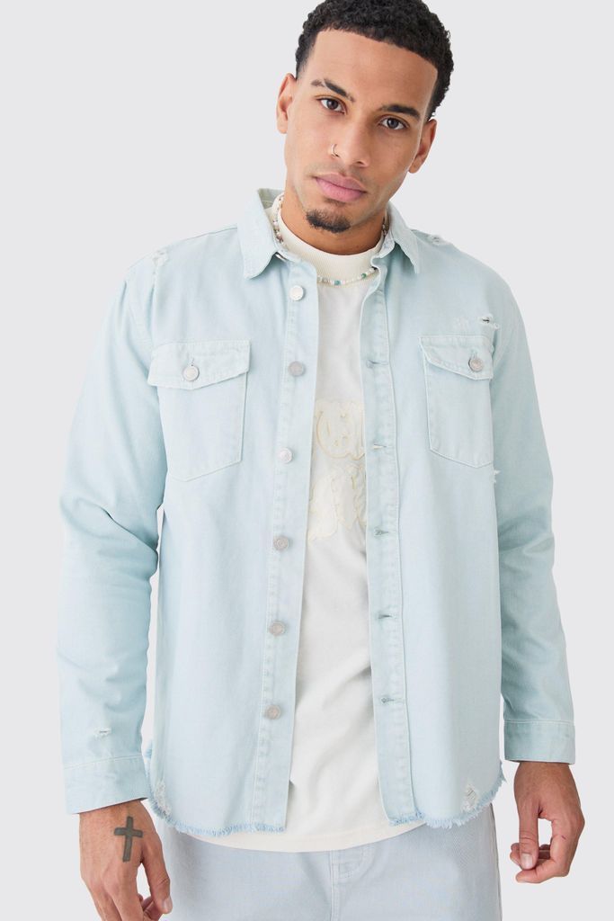 Men's Overdyed Distressed Denim Overshirt - Blue - S, Blue