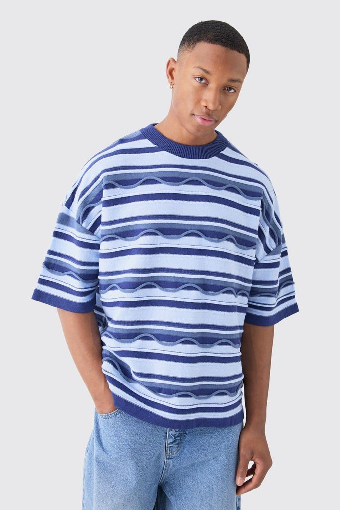 Men's Oversized 3D Jacquard Knitted T-Shirt - Blue - S, Blue
