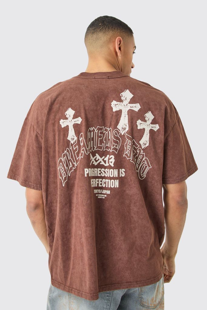 Men's Oversized Acid Wash Cross Graphic T-Shirt - Brown - S, Brown