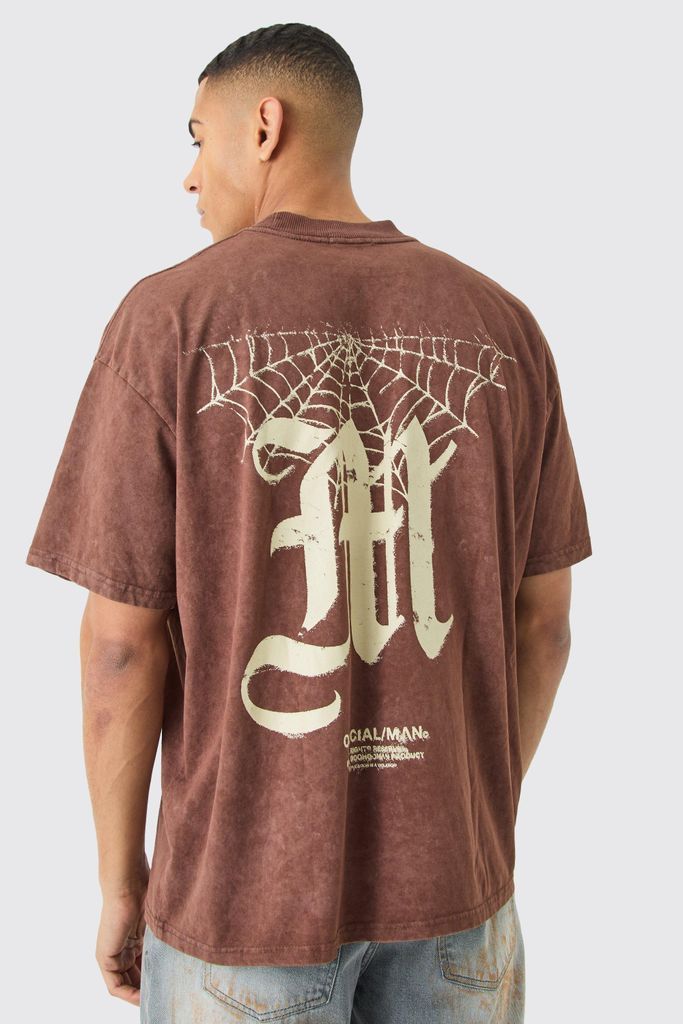 Men's Oversized Acid Wash M Graphic T-Shirt - Brown - S, Brown