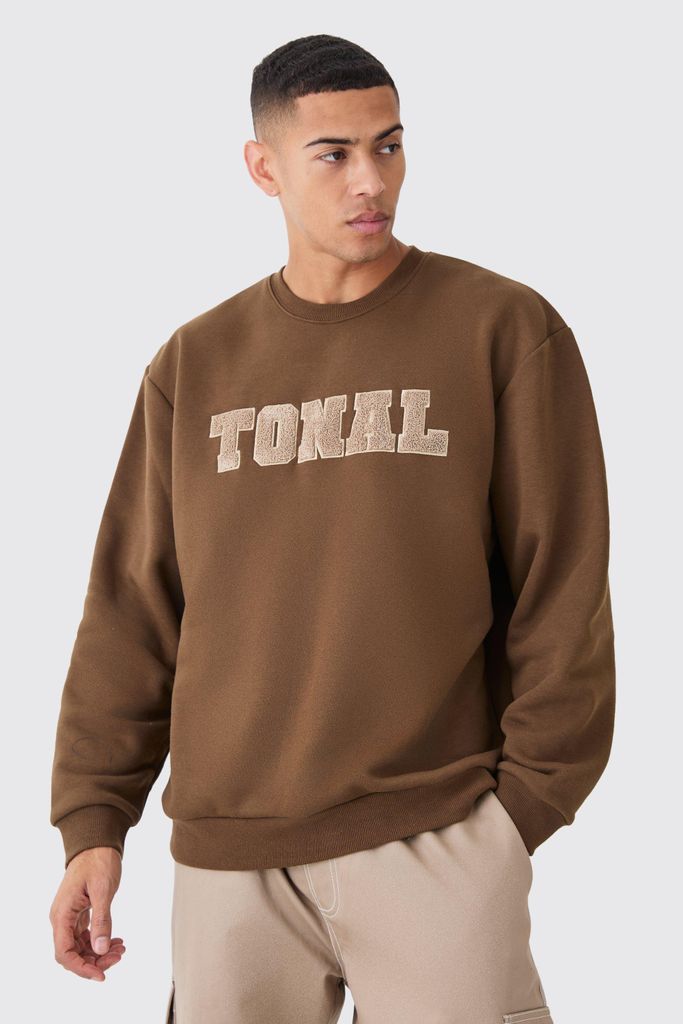 Men's Oversized Applique Borg Sweatshirt - Brown - S, Brown