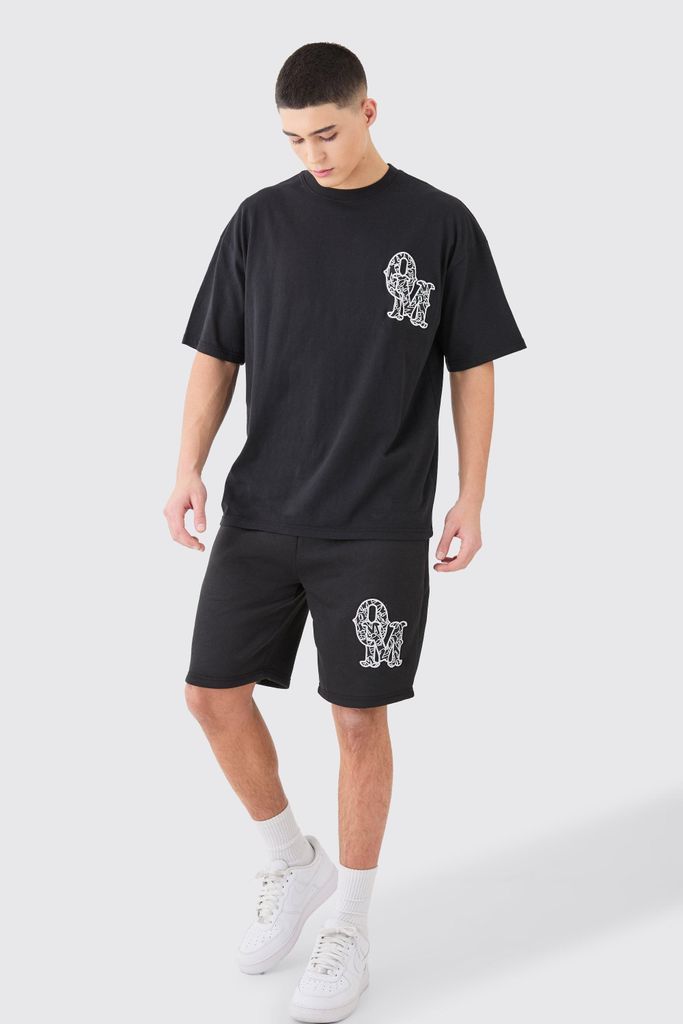 Men's Oversized Applique T-Shirt & Short Set - Black - S, Black