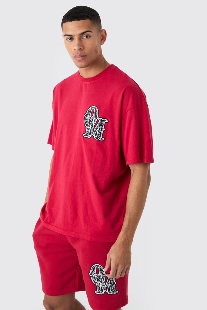 Men's Oversized Applique T-Shirt & Short Set - Red - S, Red