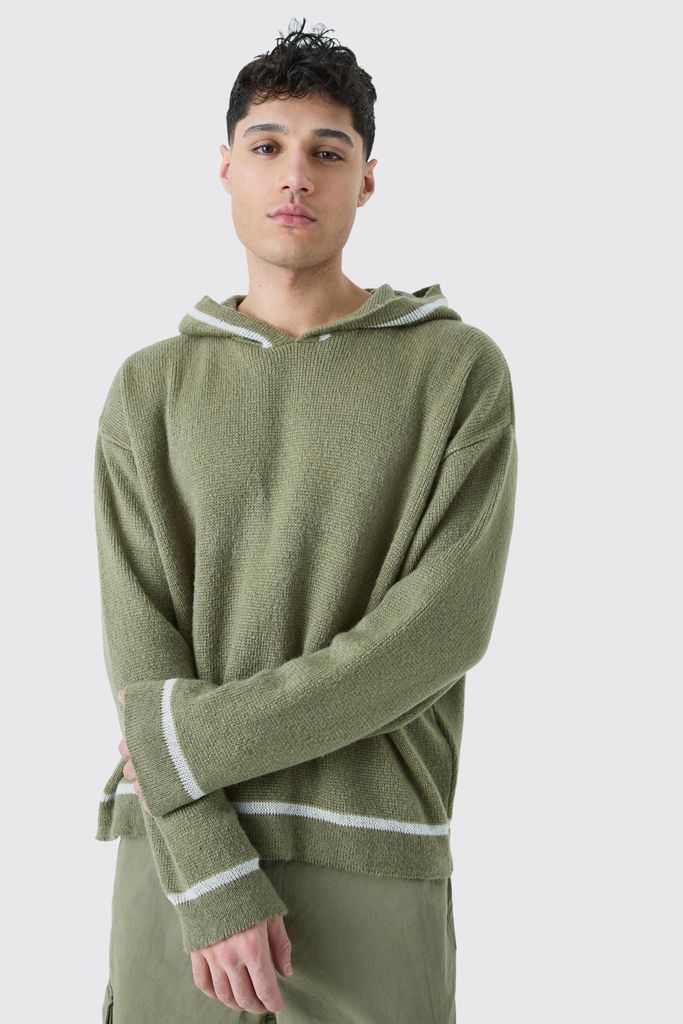 Men's Oversized Boxy Brushed Contrast Stitch Knit Hoodie - Green - S, Green