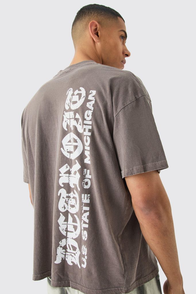 Men's Oversized Boxy Gothic Text Washed T-Shirt - Brown - S, Brown