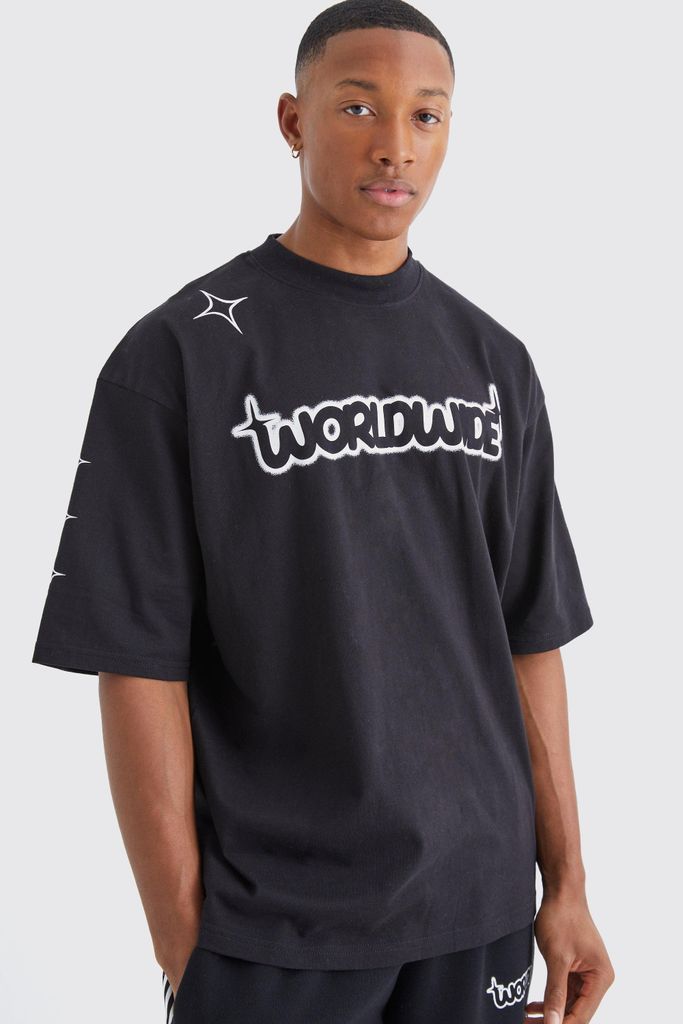 Men's Oversized Boxy Half Sleeve Worldwide T-Shirt - Black - S, Black