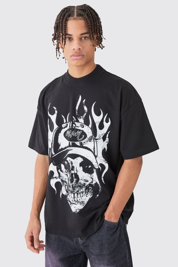 Men's Oversized Distressed Skull T-Shirt - Black - S, Black