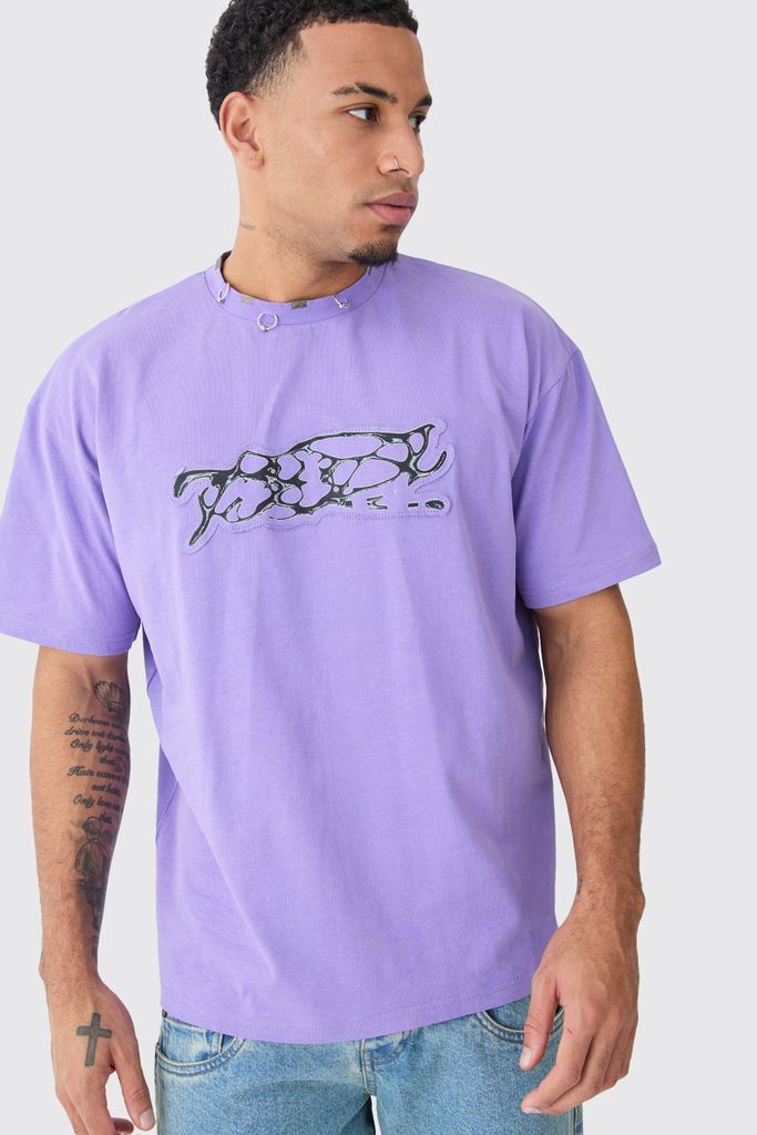 Men's Oversized Heavy Interlock Distressed Applique T-Shirt - Purple - S, Purple