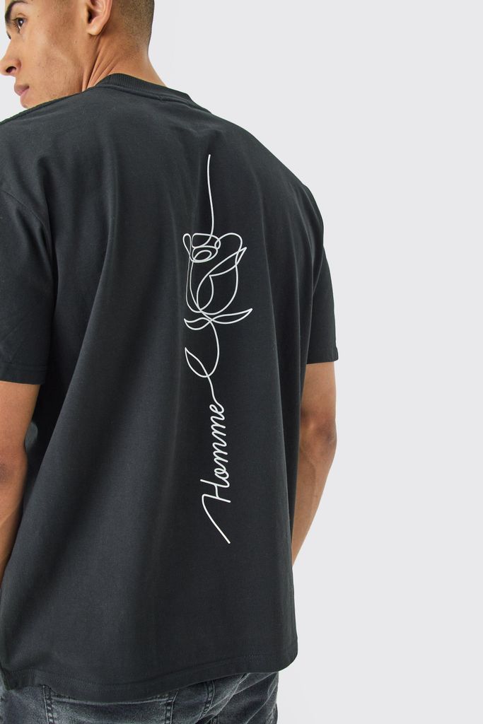 Men's Oversized Rose Stencil Graphic T-Shirt - Black - S, Black