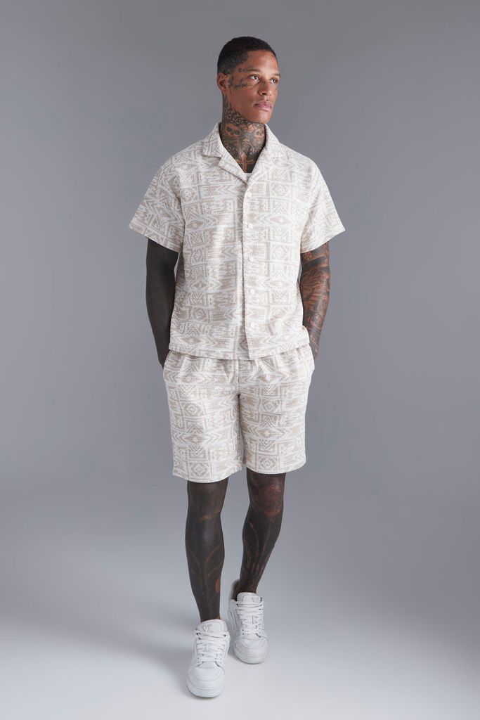 Men's Short Sleeve Boxy Jacquard Aztec Shirt & Short Set - Beige - Xl, Beige