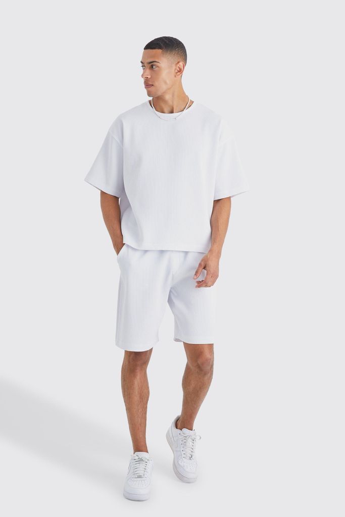 Men's Pleated Oversized Boxy T-Shirt And Short Set - White - S, White