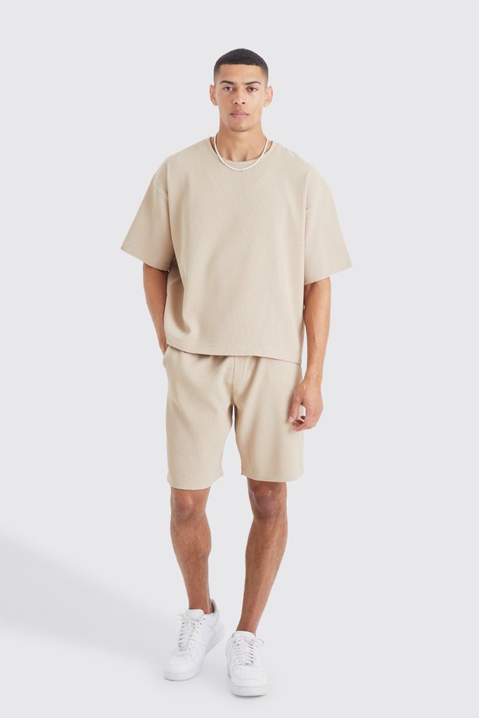 Men's Pleated Oversized Boxy T-Shirt And Short Set - Beige - S, Beige