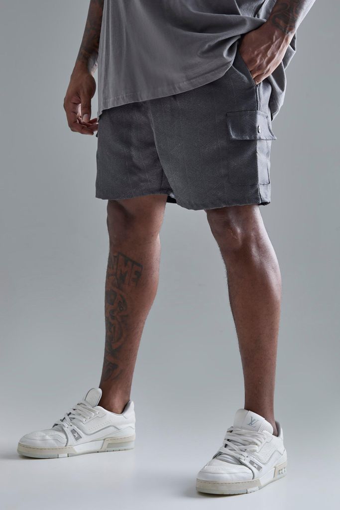 Men's Plus Elasticated Waist Textured Cargo Short In Charcoal - Grey - Xxxl, Grey