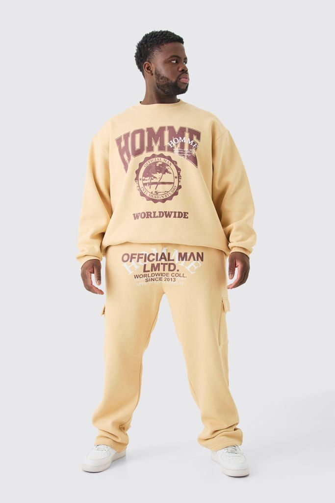 Men's Plus Homme Worldwide Oversized Sweatshirt Tracksuit - Beige - Xxxl, Beige