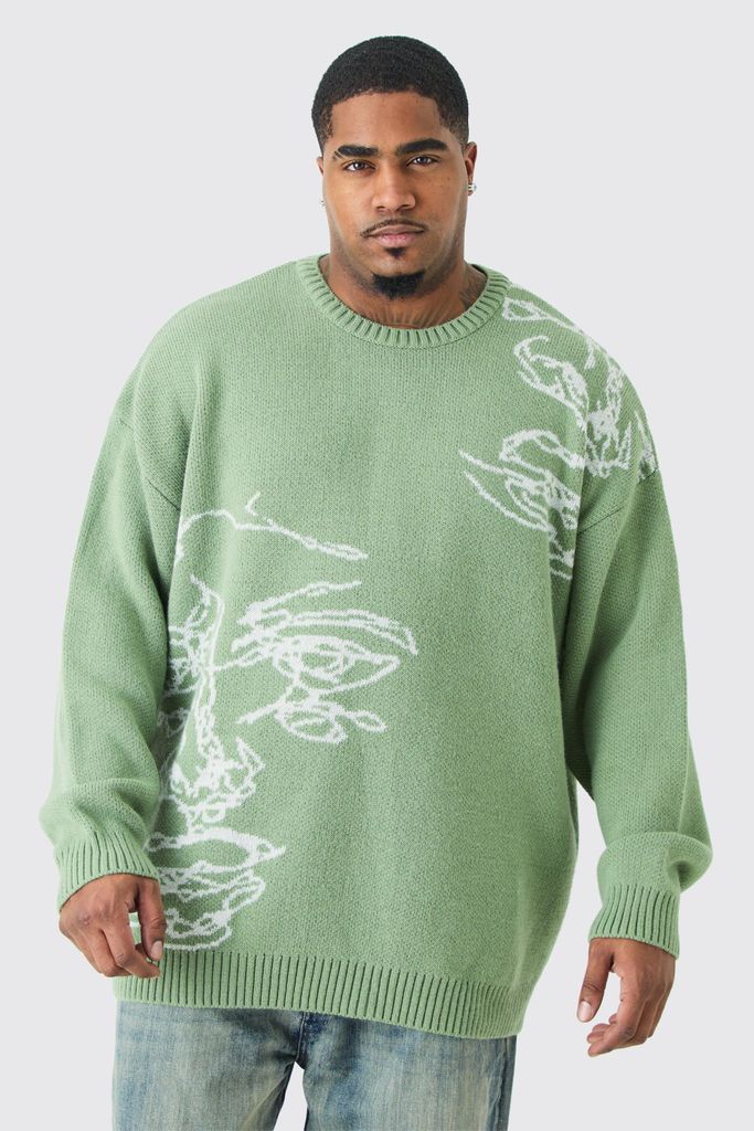 Men's Plus Oversized Knitted Line Drawing Drop Shoulder Jumper - Green - Xxxl, Green