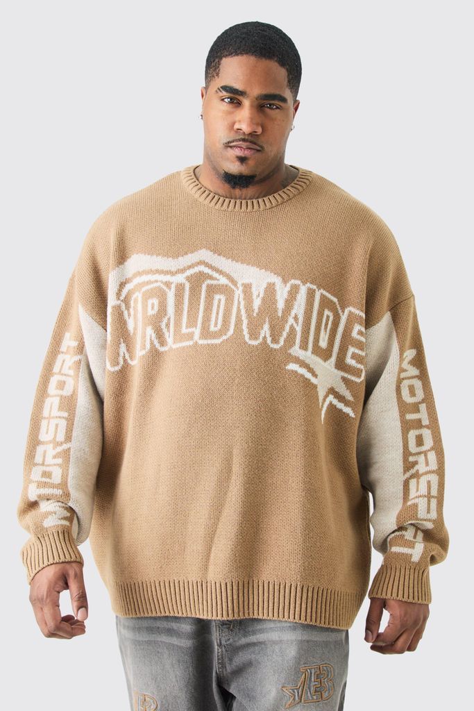 Men's Plus Oversized Knitted Wrldwide Drop Shoulder Jumper In Taup - Beige - Xxxl, Beige