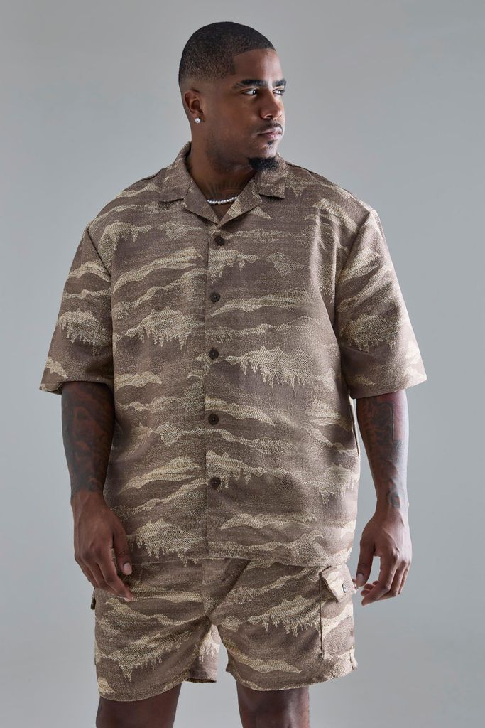Men's Plus Short Sleeve Textured Drop Revere Shirt In Stone - Beige - Xxxl, Beige