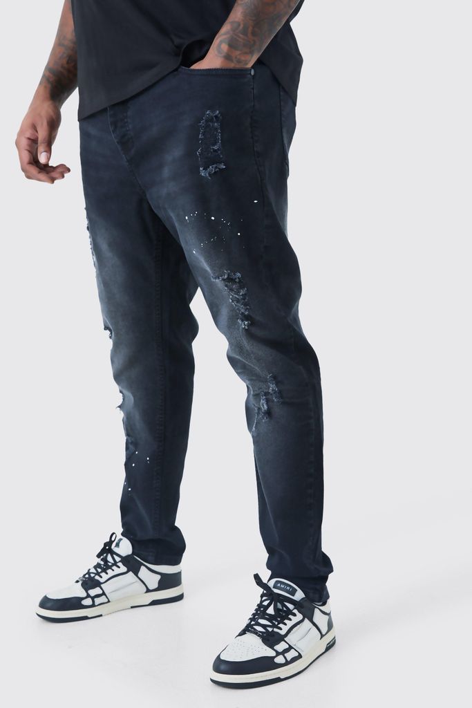 Men's Plus Super Skinny Distressed Paint Splat Jeans - Black - 38, Black