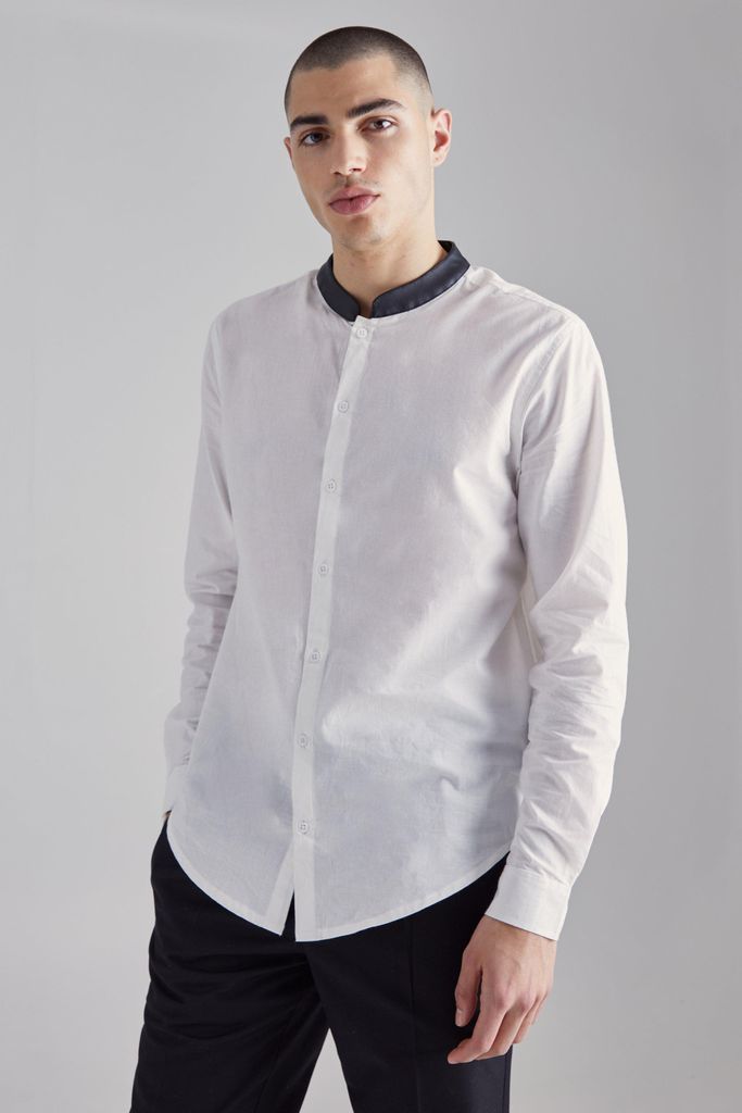Men's Pu Grandad Collar Poplin Shirt - White - S, White