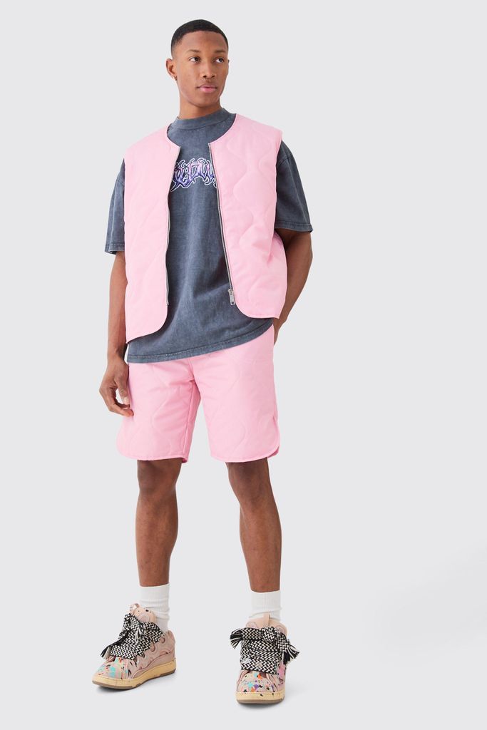 Men's Quilted Liner Gilet And Short Set - Pink - S, Pink