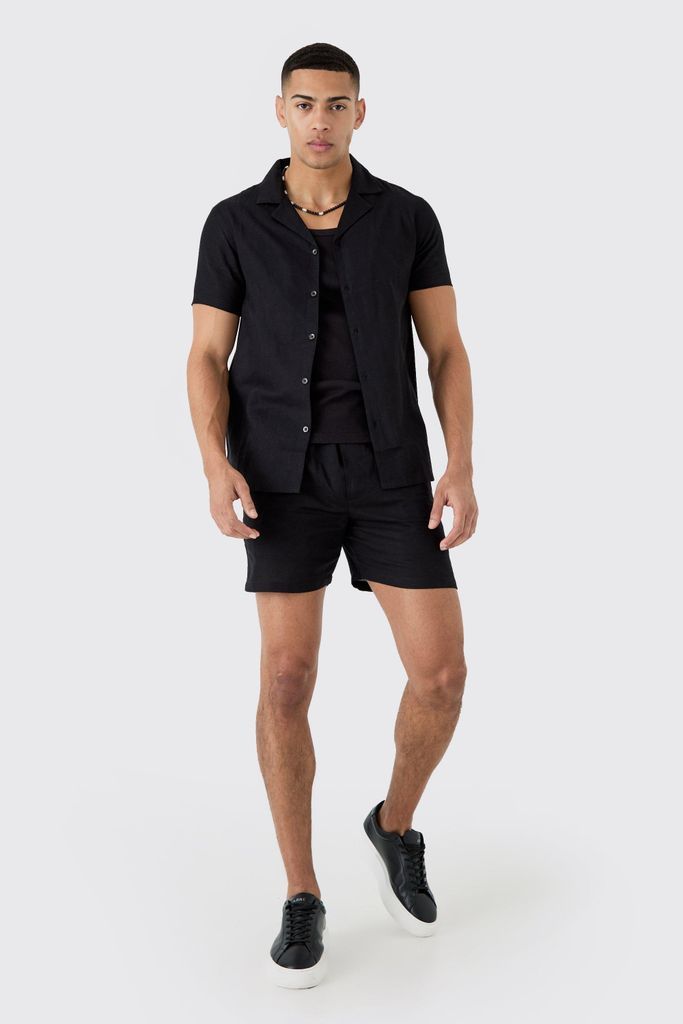 Men's Short Sleeve Linen Shirt & Short - Black - S, Black
