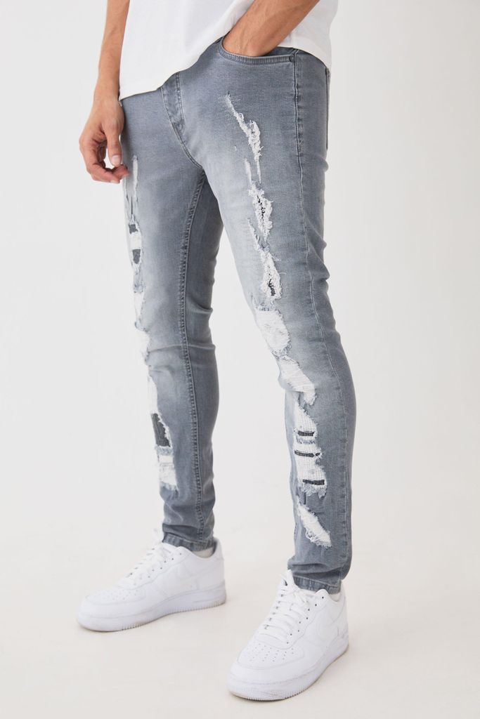 Men's Skinny Stretch All Over Ripped Grey Jeans - 28R, Grey
