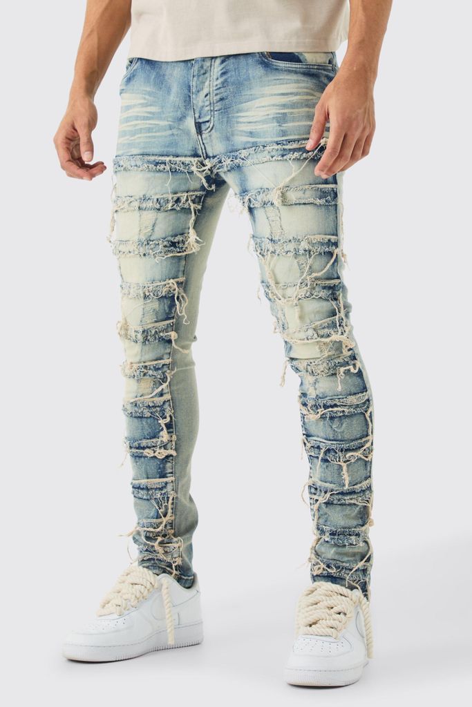Men's Skinny Stretch Distressed Panelled Jeans In Antique Wash - Blue - 28R, Blue