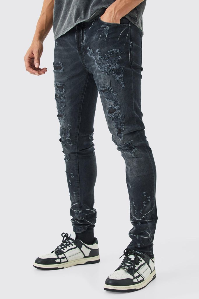 Men's Skinny Stretch Multi Rip Jeans In Washed Black - 28R, Black