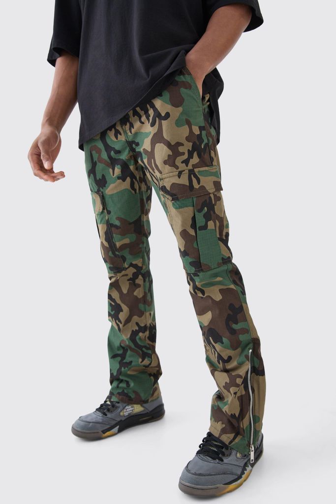 Men's Slim Flare Ripstop Camo Cargo Trouser With Zip Gusset - Green - 28, Green