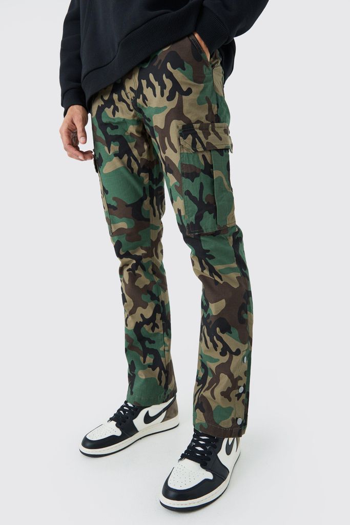Men's Slim Flare Ripstop Camo Cargo Trouser With Popper Hem - Green - 28, Green