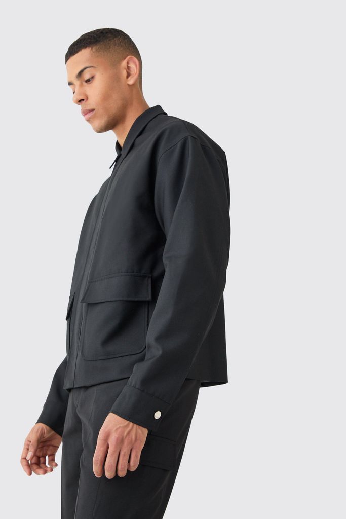 Men's Tailored Regular Fit Pocket Front Zip Up Harrington Jacket - Black - 34, Black