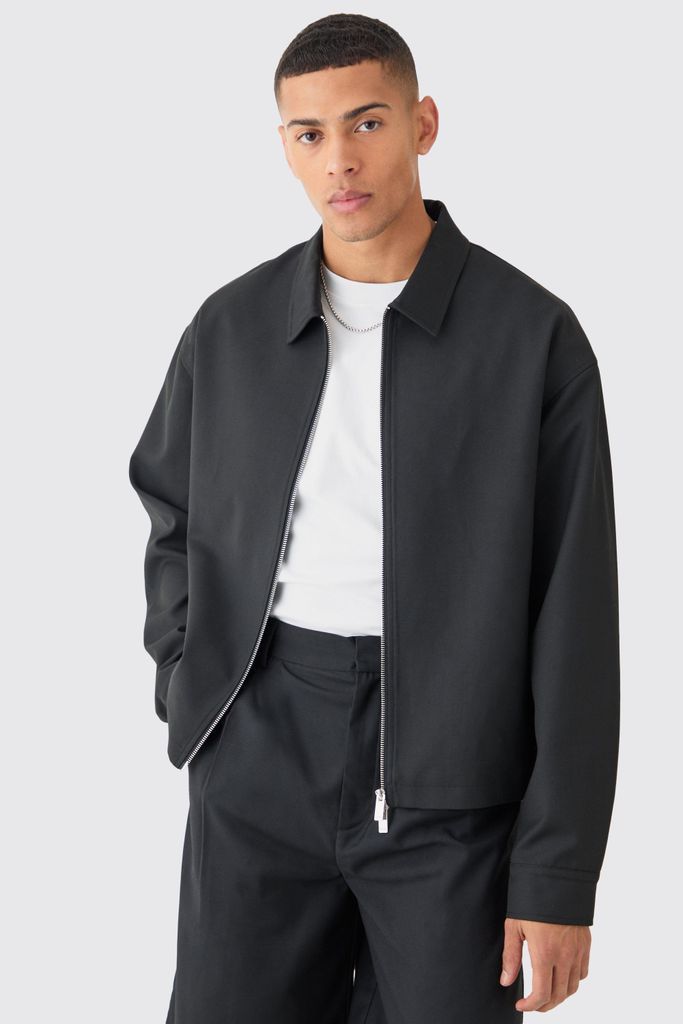 Men's Tailored Zip Up Boxy Fit Harrington Jacket - Black - 34, Black
