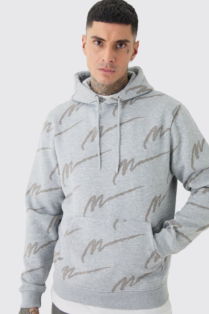 Men's Tall Man Signature All Over Print Hoodie - Grey - S, Grey