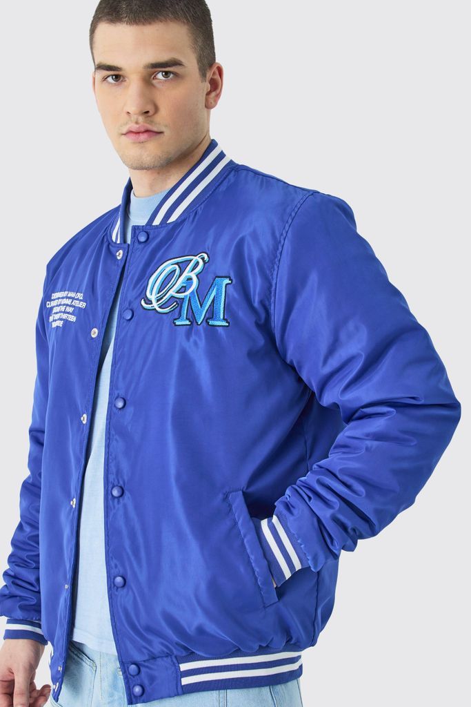 Men's Tall Nylon Varsity Jacket With Badges - Blue - S, Blue