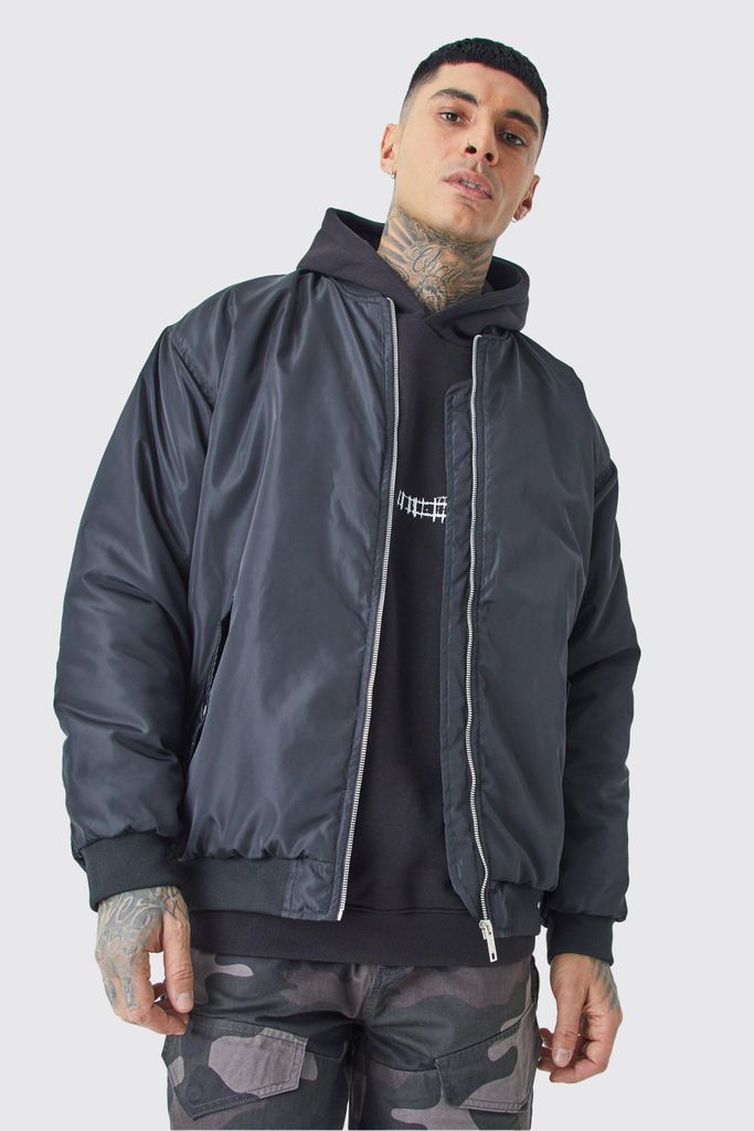 Men's Tall Oversized Nylon Bomber With Ruched Sleeves - Black - S, Black