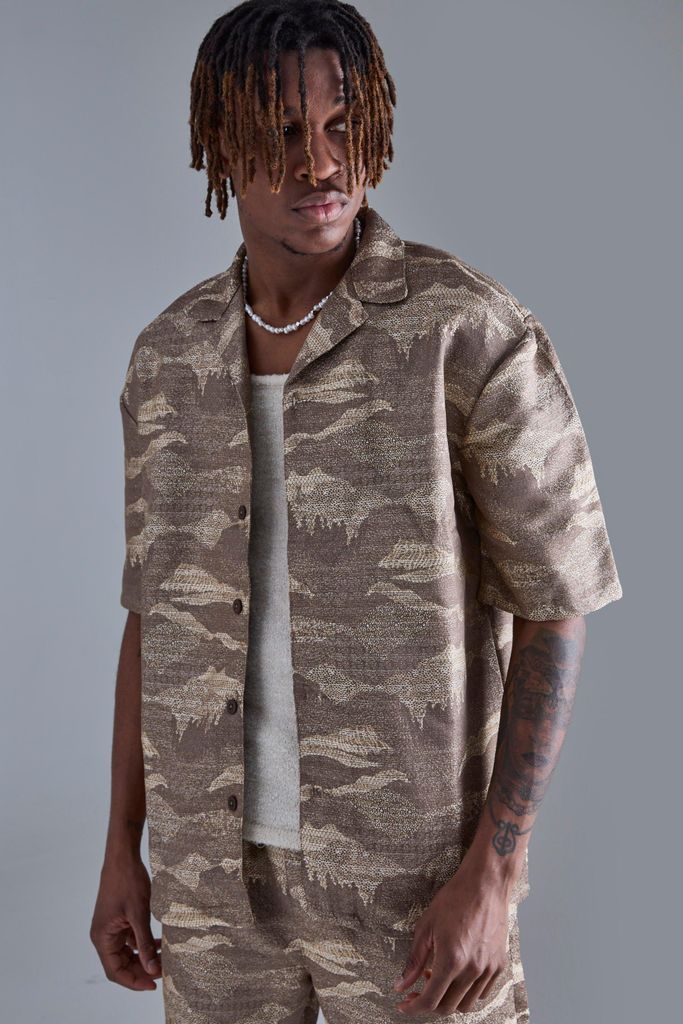 Men's Tall Short Sleeve Textured Drop Revere Shirt In Stone - Beige - S, Beige