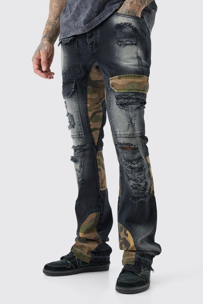 Men's Tall Slim Rigid Flare Camo Repair Cargo Jeans - Black - 30, Black