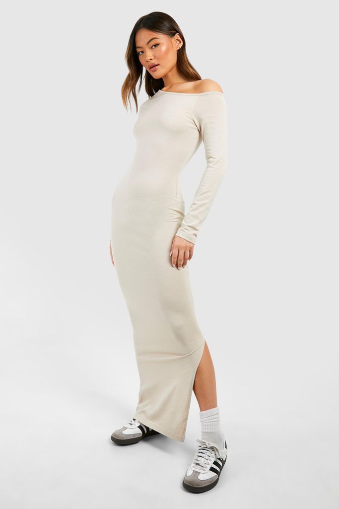 Womens Assymetric Long Sleeve Maxi Dress - Beige - 8, Beige