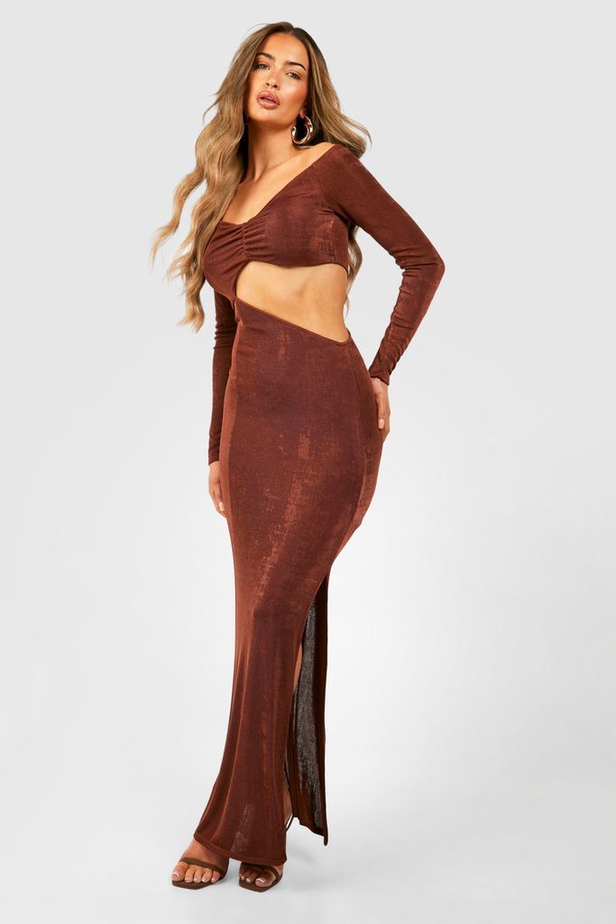 Womens Bardot Ruched Acetate Slinky Split Leg Maxi Dress - Brown - 8, Brown
